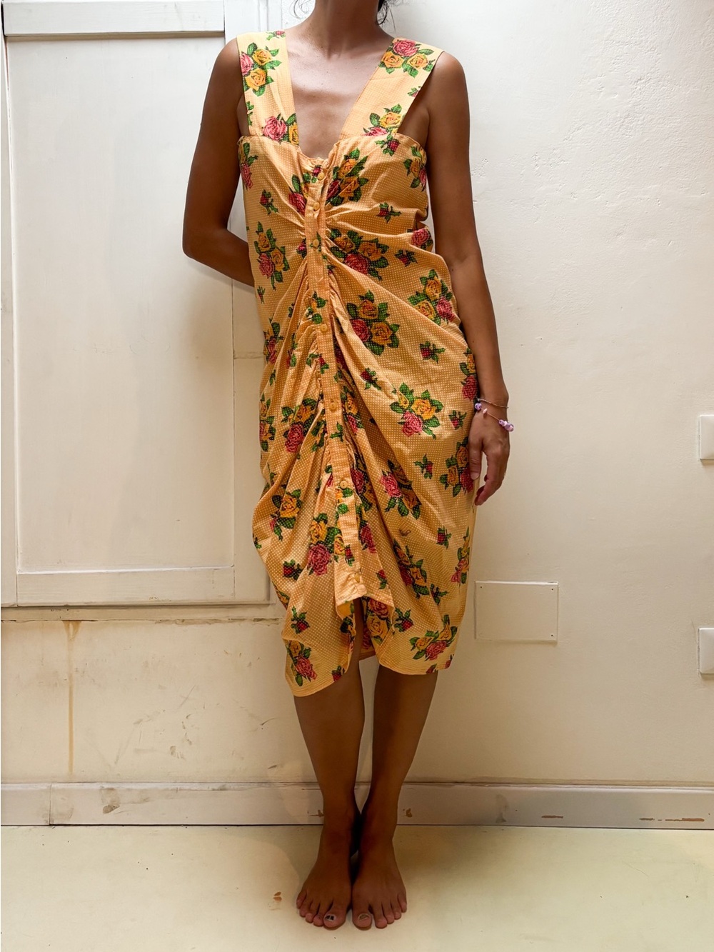 Vintage Fiorucci Floral Ruched Midi Dress Y2K  Cottagecore 80s 90s